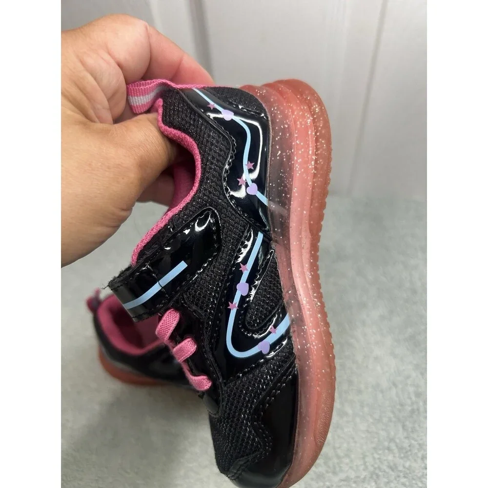 Girls Light-Up Sneakers Black Pink Glitter Sole Hook & Loop Size 9 Toddler